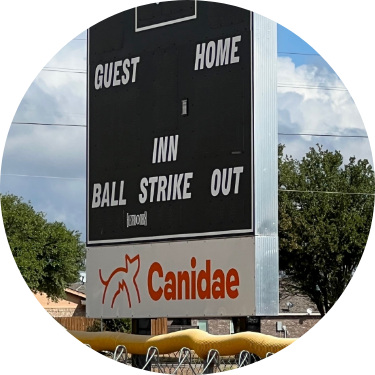 Little league scoreboard with Canidae logo